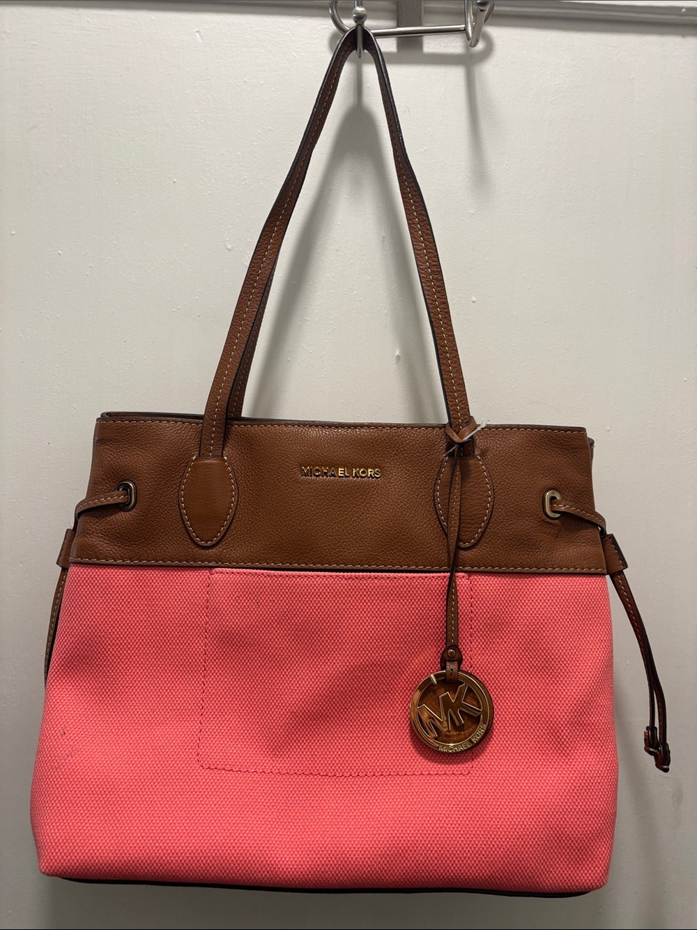 MICHAEL KORS Coral Pink and Brown Canvas Tote with MK Charm